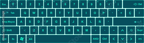 Keyboard with modern blue and green keys, and all symbols, letters of the alphabet and numbers to type - Spanish or hispanic design for a vector editable keypad