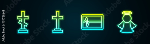 Set line Grave with cross, , Beat dead in monitor and Angel. Glowing neon icon. Vector photo