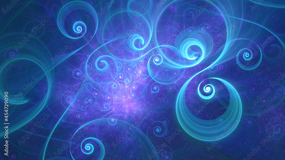 Abstract fractal art background of infinitely repeating curls and swirls, like decorative flourishes. Blue and purple. Abstract fractal art background of infinitely repeating curls and swirls, like decorative flourishes. Blue and purple.