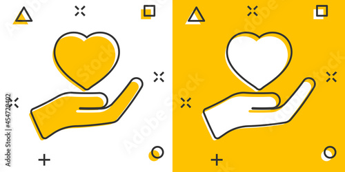 Heart care icon in comic style. Charity vector cartoon illustration on white isolated background. Love in hand business concept splash effect.