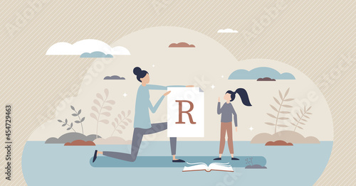 Speech therapist lesson for letter pronunciation problems tiny person concept. Child communication therapy in private exercise vector illustration. Preschool practicing and help with voice correction.