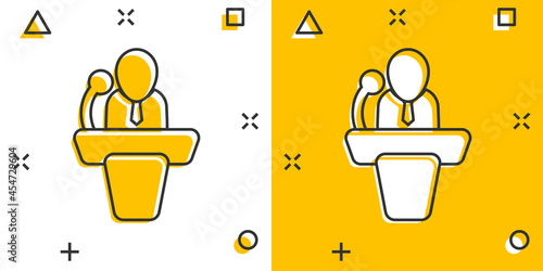 Public speach icon in comic style. Podium conference vector cartoon illustration on white isolated background. Tribune debate business concept splash effect.