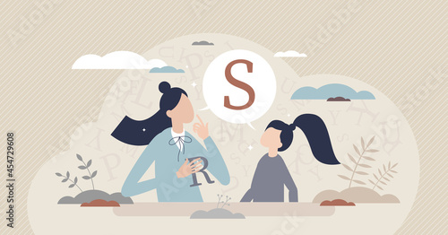 Speech therapist for S or R letter pronunciation problems tiny person concept. Communication correction and development for school kids vector illustration. Private lesson with text talking exercises.