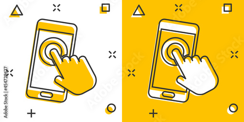 Hand touch smartphone icon in comic style. Phone finger vector cartoon illustration on white isolated background. Cursor touchscreen business concept splash effect.