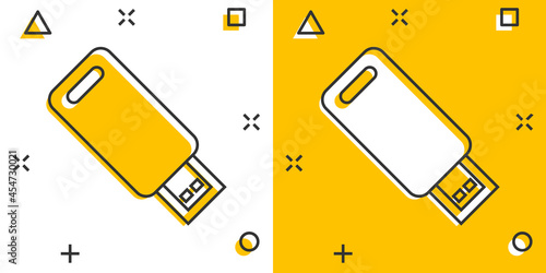 Usb drive icon in comic style. Flash disk vector cartoon illustration on white isolated background. Digital memory splash effect business concept.