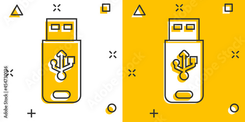 Usb drive icon in comic style. Flash disk vector cartoon illustration on white isolated background. Digital memory splash effect business concept.