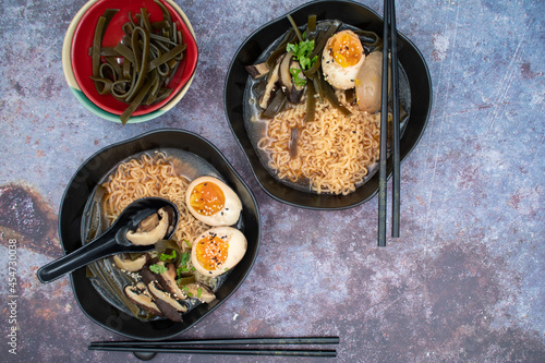 Ramen noodles in soy, shiitake and kombu broth with pickled egg