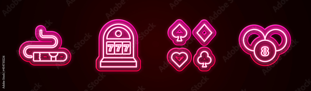 Set line Cigar, Slot machine with jackpot, Deck of playing cards and Lottery ball on bingo. Glowing neon icon. Vector Set line Cigar, Slot machine with jackpot, Deck of playing cards and Lottery ball on bingo. Glowing neon icon. Vector