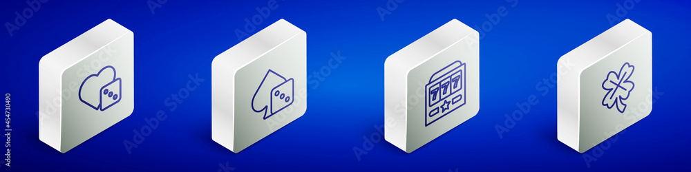 Set Isometric line Game dice, , Slot machine with jackpot and Casino slot clover icon. Vector Set Isometric line Game dice, , Slot machine with jackpot and Casino slot clover icon. Vector