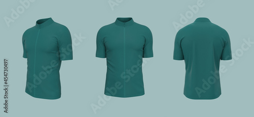 Blank cycling jersey mockup in front, side and back, 3d rendering, 3d illustration