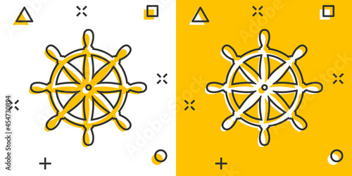 Helm wheel icon in comic style. Navigate steer cartoon vector illustration on white isolated background. Ship drive splash effect business concept.