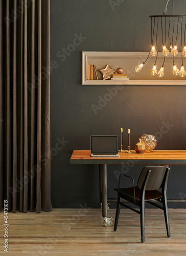Grey background stone wall, wooden table and gold ornament, home object with decorative lamp light with curtain style.
