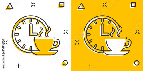 Coffee break icon in comic style. Clock with tea cup cartoon vector illustration on white isolated background. Breakfast time splash effect business concept.