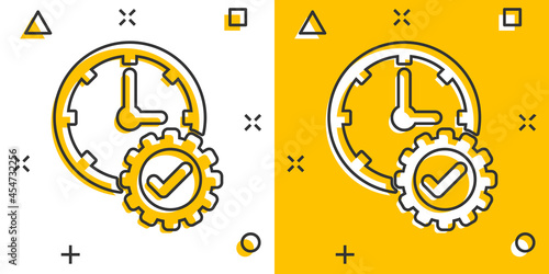 Check mark on clock icon in comic style. Gear with time cartoon vector illustration on white isolated background. Production splash effect business concept.