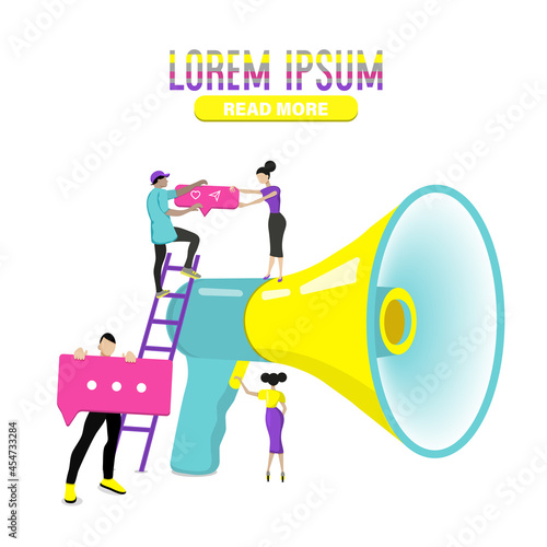 Big megaphone and flat people characters advertisement marketing concept. vector illustration.