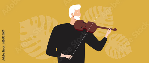Elderly violinist performing or rehearsal, flat vector stock illustration with playing the violin as a hobby and leisure of an old man