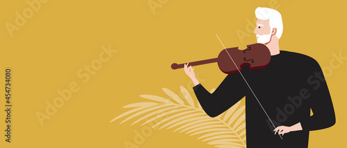 Old musician violinist, copy space template, flat vector stock illustration with playing violin and elderly musician