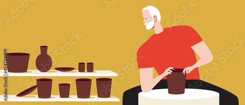 Old pottery as a hobby, copy space template, flat vector stock illustration with clay pots as a hobby, craft and creativity