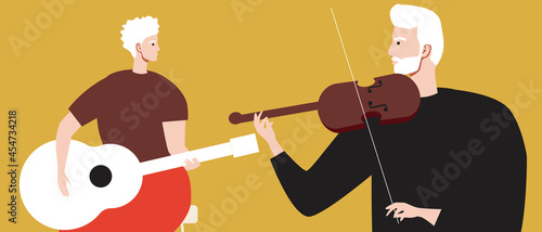 Duet of Old Violinists, Flat Vector Stock Illustration with Playing the Violin as Hobby and Leisure of a Couple