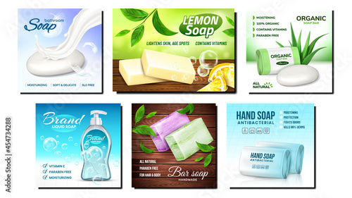 Organic Soap Creative Promotion Posters Set Vector. Aromatic Lemon And Liquid Soap, Aloe Natural Plant And Tree Leaves On Advertising Banners. Hygienic Product Style Concept Template Illustrations