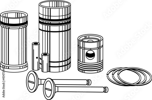 Sketch of piston, liner set, Vector rendering, Engine pistons outline, Oil filter concept, oil engine spare parts