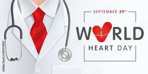 World Heart Day, doctor, stethoscope and red tie. Vector illustration concept for Heart Day banner or poster with heart shape and cardio pulse trace on background
