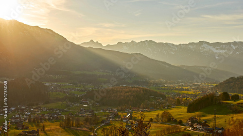 Beautiful sunset in a village Bad Goisern in Austria.