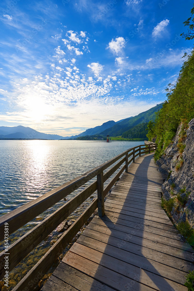 footbridge on Lake Wolfgang. Austrian Alps, Salzburg region.
