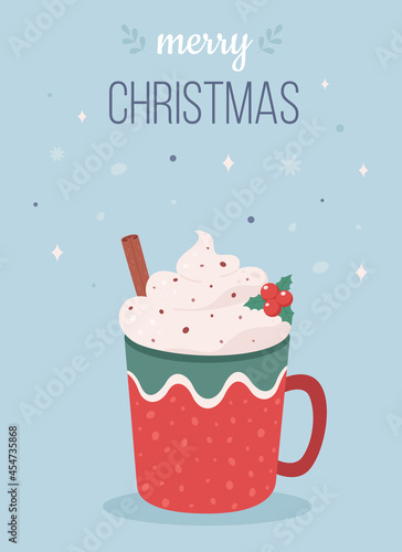 Christmas hot drink with cinnamon and mistletoe. Merry Christmas greeting card. Vector illustration.