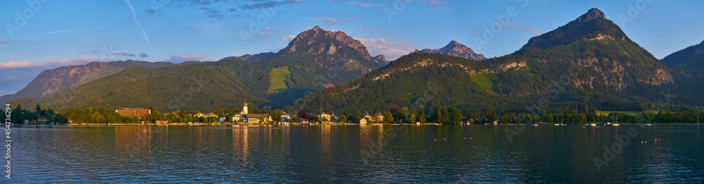 Great view of village Strobl above Wolfgang lake in Austrian Alps.