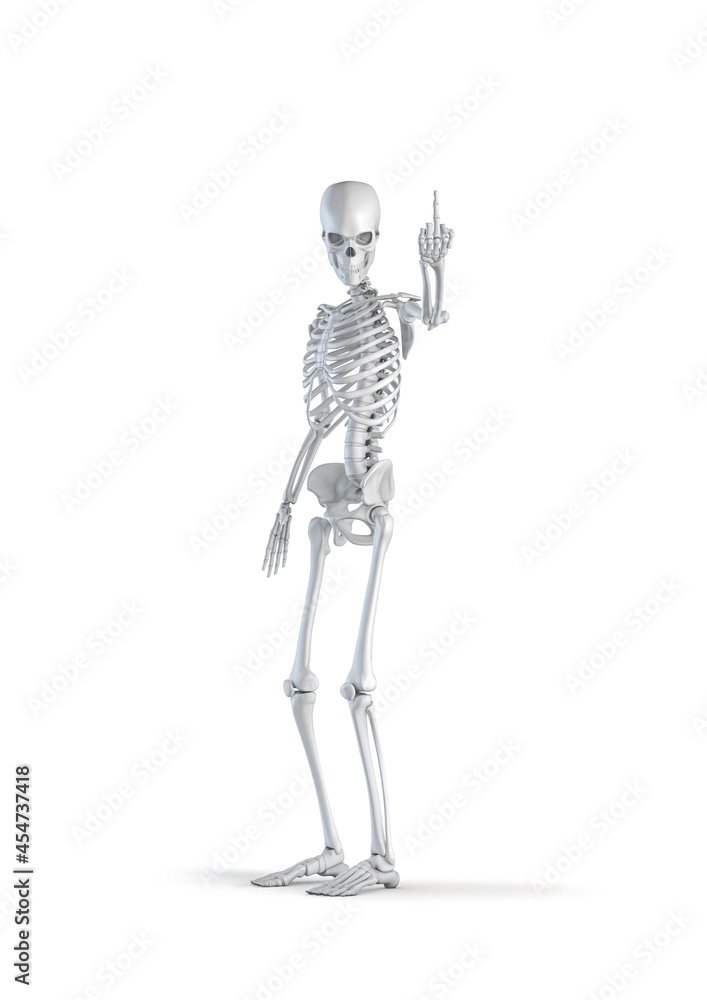 Skeleton rude hand sign - 3D illustration of male human skeleton figure holding up middle finger isolated on white studio background