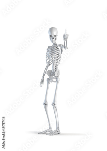 Skeleton rude hand sign - 3D illustration of male human skeleton figure holding up middle finger isolated on white studio background