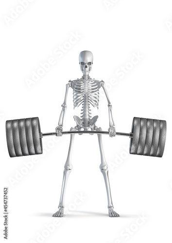 Fitness skeleton deadlift - 3D illustration of male human skeleton figure lifting heavy barbell isolated on white studio background photo