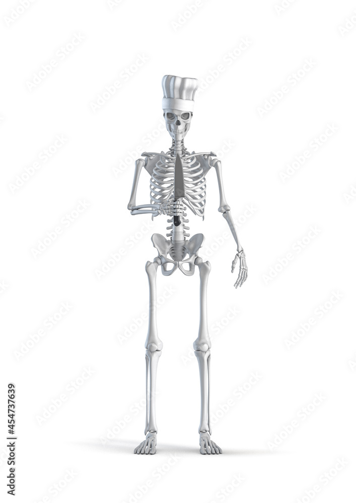 Kitchen chef Skeleton - 3D illustration of male human skeleton figure wearing chef hat and holding large cooking knife isolated on white studio background Kitchen chef Skeleton - 3D illustration of male human skeleton figure wearing chef hat and holding large cooking knife isolated on white studio background