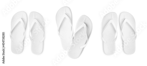 Set with stylish flip flops on white background, top view. Banner design