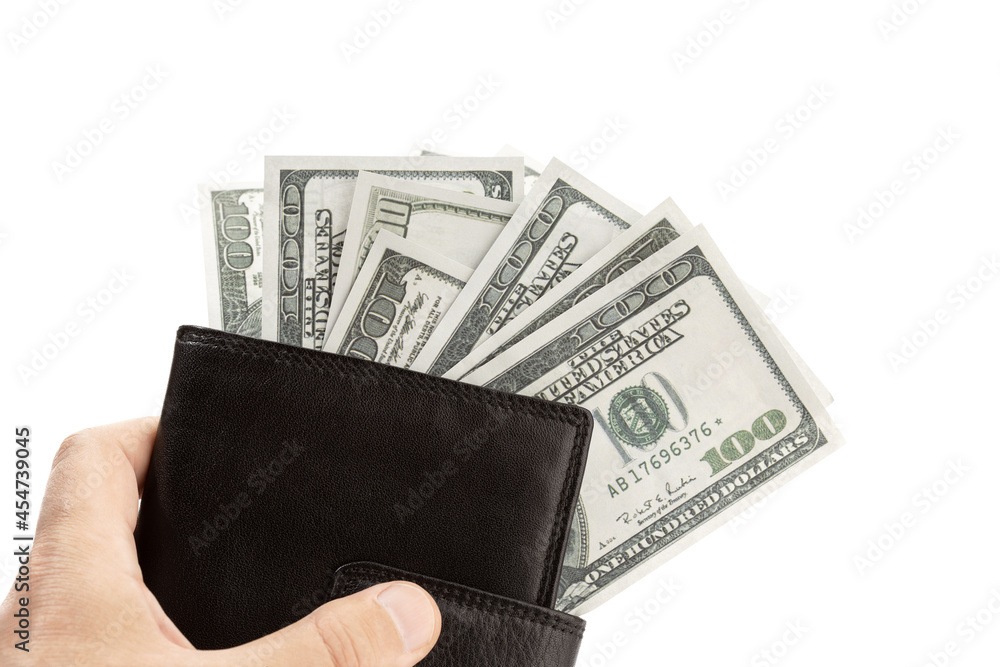Hand holding a Leather wallet with money isolated on white background. US dollar bills Hand holding a Leather wallet with money isolated on white background. US dollar bills