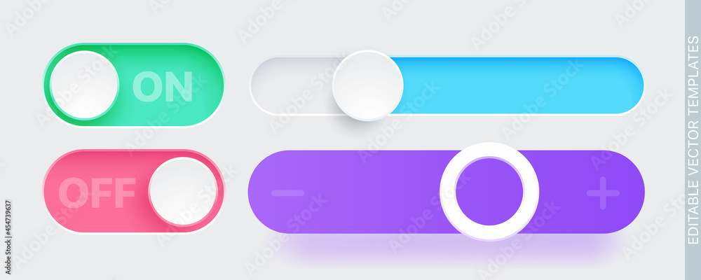 Set of vector Neumorphism buttons and scroll bars for UI design, websites, mobile applications. Editable vector templates. Set of vector Neumorphism buttons and scroll bars for UI design, websites, mobile applications. Editable vector templates.