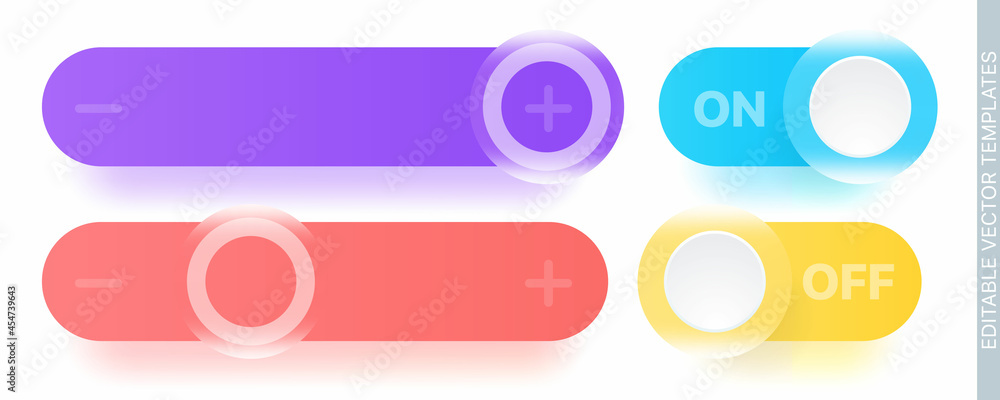 Set of vector Neumorphism buttons and scroll bars for UI design, websites, mobile applications. Editable vector templates. Set of vector Neumorphism buttons and scroll bars for UI design, websites, mobile applications. Editable vector templates.