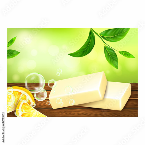 Lemon Soap Creative Promotional Banner Vector. Lemon Soap Bar And Citrus On Wooden Surface, Natural Green Leaves And Foamy Bubbles On Advertising Poster. Style Concept Template Illustration