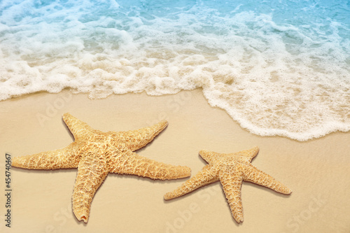 Beautiful waves and sea stars on sandy beach