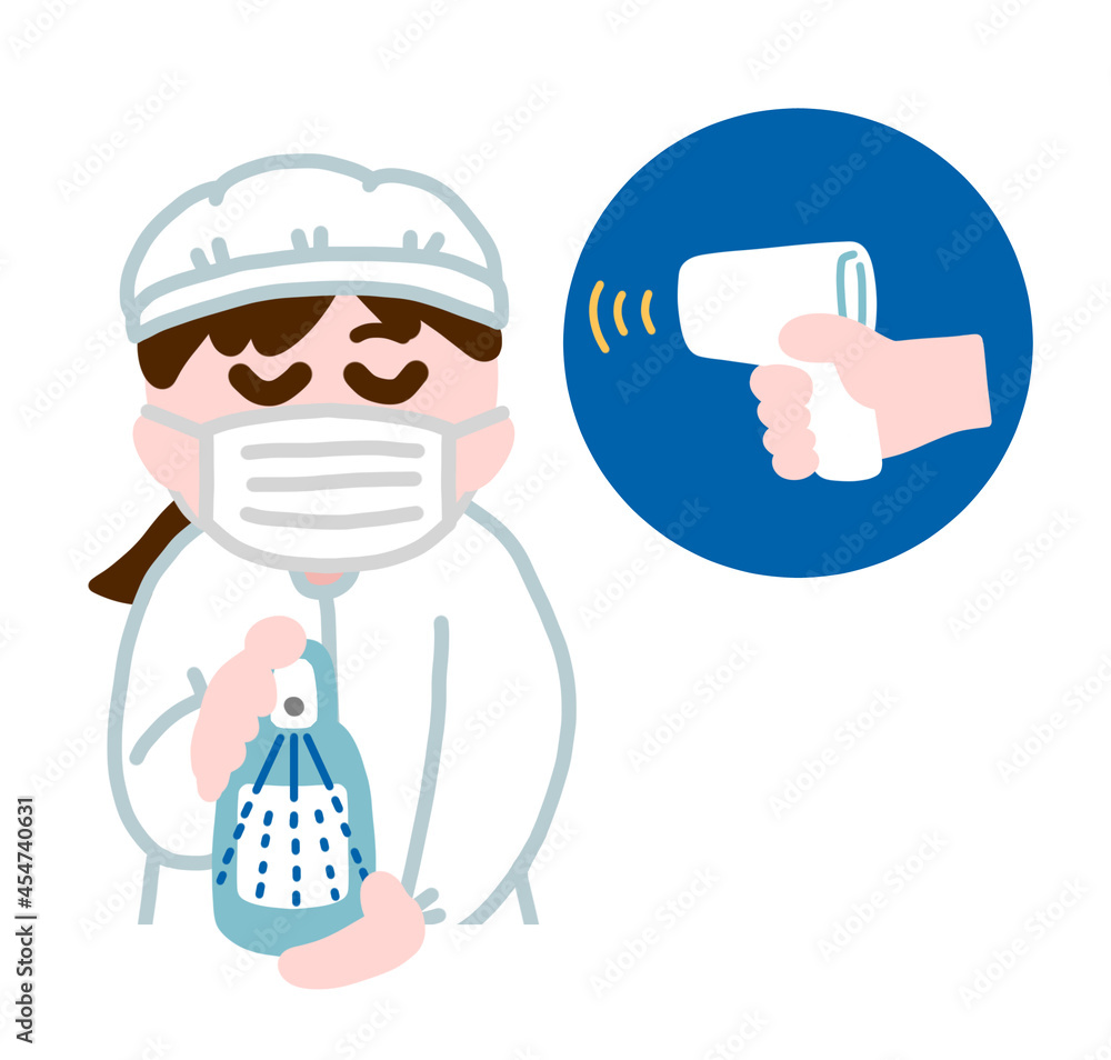 給食係　消毒係　アルコール消毒・検温をする女子学生
