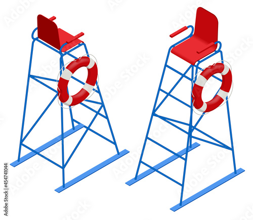 Isometric Watchtower on a Sandy Beach. Lifeguard on the beach. Safety while swimming.