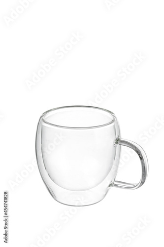 Empty glass tea cup. Isolated on white background. Double wall mug