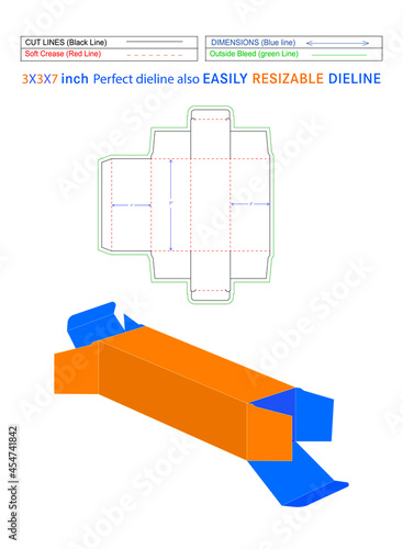 Straight tuck end boxes packaging 3X3X7 inch Dieline template and 3D vector file