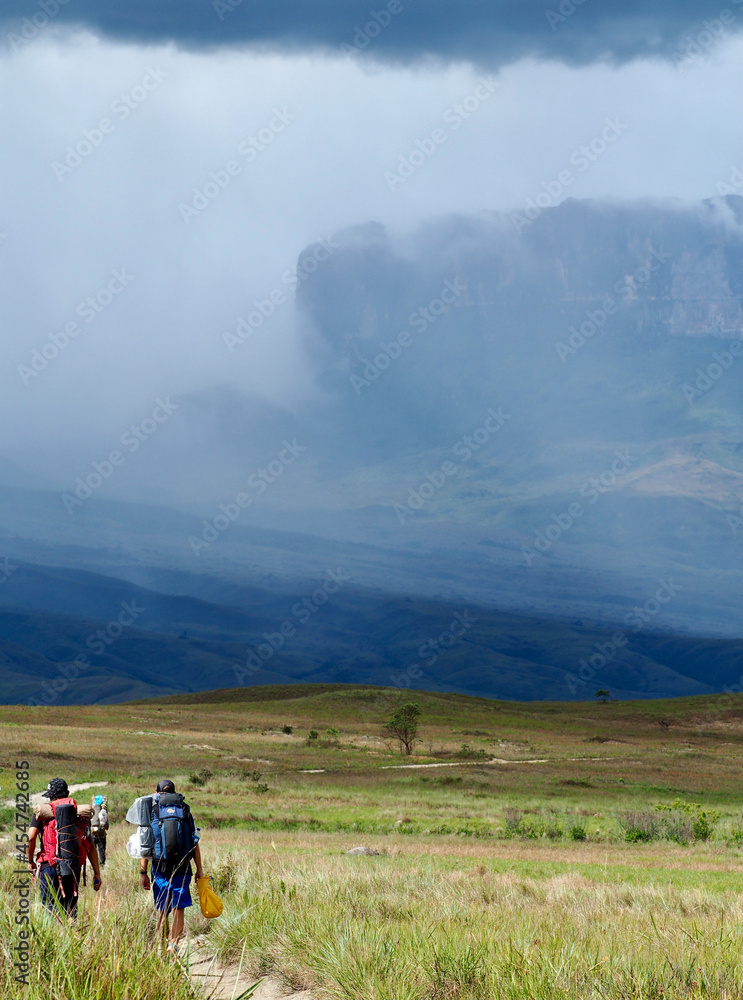 Mount Roraima, Venezuela - 22.04.2019: Hikers on the trail to Mount Roraima