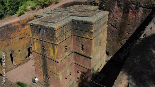 Aerial view of the monolithic rock-cut church of Saint George dated to the late 12th, Amhara Region, Lalibela, Ethiopia  photo