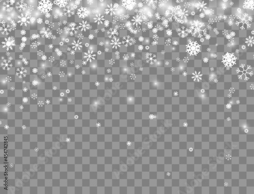 Falling snowflakes on transparent background. Christmas snow. Snowfall Winter Christmas Background. Christmas background with falling snowflakes on transparent backgraund.Vector