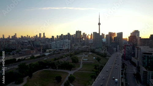 Aerial shot of the sunrise over the city of Toronto.