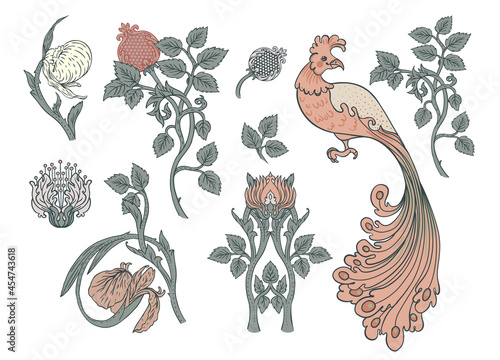 Nature vintage elements. Enchanted Vintage Flowers and bird. Arts and Crafts ...