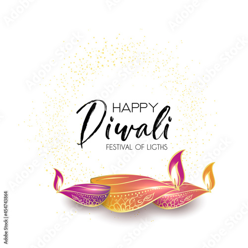 Diwali festival holiday design with paper cut style of Indian Rangoli. Happy Diwali. Paper Graphic of Indian Rangoli. Gold Mandala on purple pink yellow background. Design for banner, invitation, menu